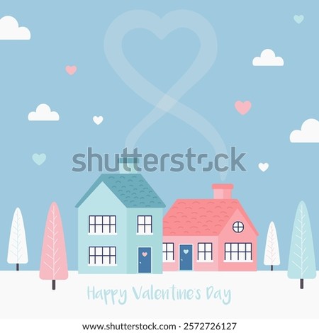 Minimalistic card for Valentine's Day. Concept of loving houses. Vector flat illustration