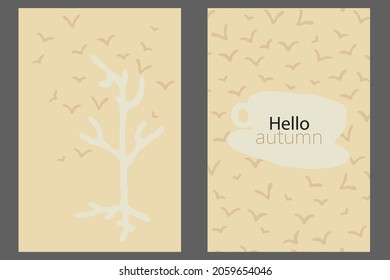 Minimalistic cards hello autumn, postcards. Print invitation for your cafe, store. Design fliers, simple hand drawn vector art. Yellow background, white tree, flying birds. Cup of coffee, tea, cacao.