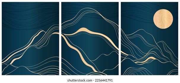 A minimalistic cards with mountains and an art deco style. Smooth gold lines on a dark blue background. Vector illustration.