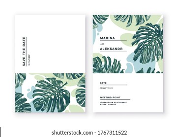 Minimalistic cards with tropical leaves of monstera on background of abstract spots in restrained colors. Greeting cards posters, banners for online and offline stores. Feel free to use the place text