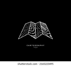 Minimalistic cartography map thin lined  logo or icon design template for travel tourist adventure industry isolated on black background. Vector illustration
