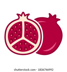 Minimalistic cartoon cutaway pomegranate icon. Location one after the other. Isolated vector illustration on white background.