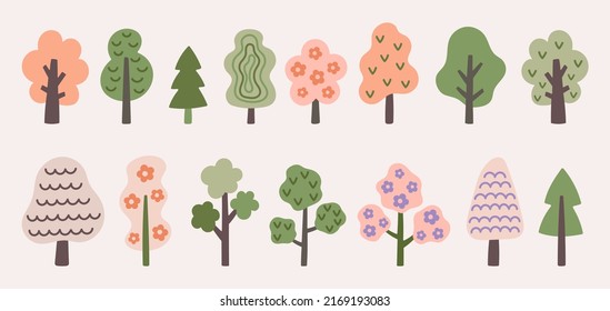 Minimalistic cartoon trees vector illustration set. Cute simple oak, spruce, fir, pine clipart