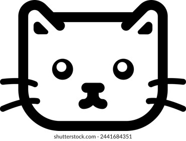 Minimalistic cat face icon with bold outlines, featuring ears, eyes, nose, and whiskers.