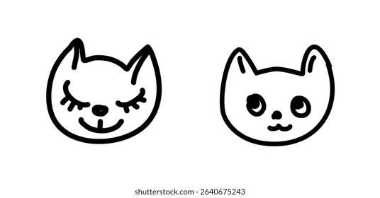 Minimalistic cat faces in black and white, featuring charming expressions. These vector illustrations are perfect for playful designs and decorative purposes.