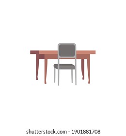 Minimalistic chair and table vector isolated on white background. Simple work desk with chair on back view. Office desk, classroom table or dinner table. Teble for student or office worker