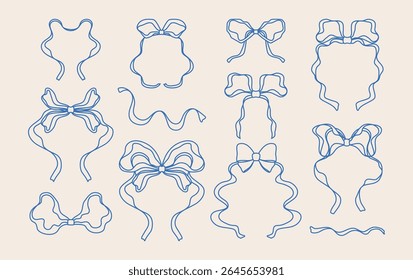 Minimalistic  chalk elements. Curve and swirl ribbons. Doodle and editable stroke. Silhouette borders. Scribble elegant whimsical bowknot.  Wavy wedding coastal frames. Monochrome outline. Hand drawn