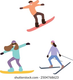 Minimalistic characters, snowboarders and skier