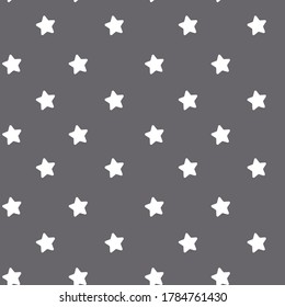 

Minimalistic childish pattern. Pattern of stars. Asterisks on a dark background. Stylish pattern for wall decor, fabrics, packaging, bedding. Seamless pattern, white stars on a gray background.