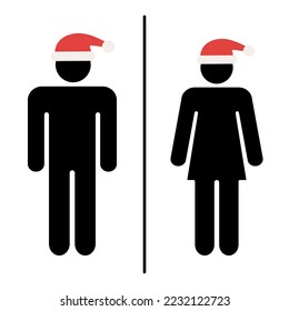 Minimalistic Chrismas Woman and Man public toilet signs set. Restroom door pictograms vector illustration