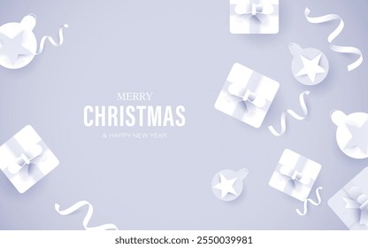 Minimalistic Christmas background featuring white gift boxes, ornaments, and ribbons on a soft gray backdrop