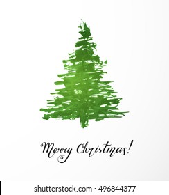 Minimalistic christmas card with green christmas tree hand drawn with ink in rough manner on white background