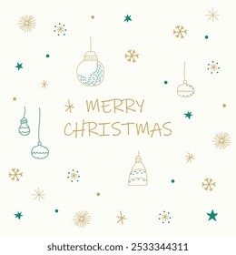 Minimalistic Christmas card with the inscription Merry Christmas written in gold font, with Christmas tree decorations surrounded by stars and snowflakes. Ideal for sending warm holiday wishes