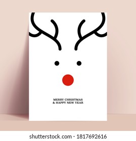 Minimalistic Christmas card or poster design template with Christmas Deer face and Christmas wishes text. Vector illustration.