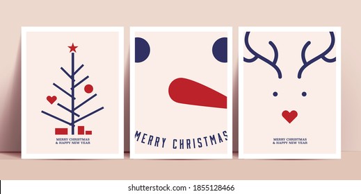 Minimalistic Christmas cards design set with christmas tree snowman and deer. Vector illustration