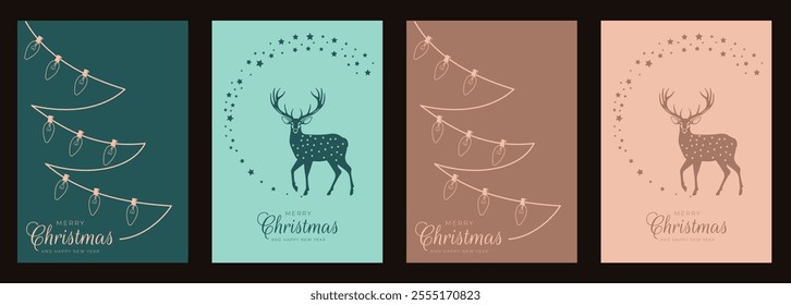 Minimalistic Christmas cards set with Christmas lights and reindeer on green and Mocha Mousse color of the year 2025. Christmas tree with baubles Decoration.