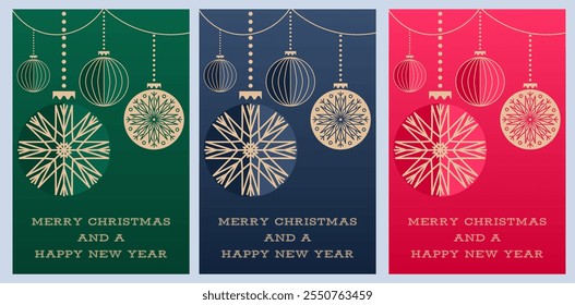 Minimalistic Christmas cards set. Vector design template with hanging Christmas balls (baubles). Trendy minimalistic gritting card Merry Christmas and a Happy New Year.