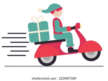 Minimalistic Christmas Elf Delivery Courier On Scooter vector icon