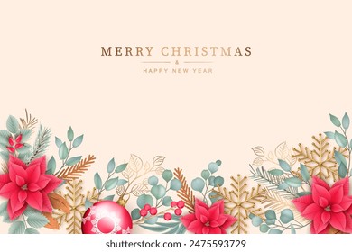 Minimalistic Christmas and New Year background. Both hand drawn and realistic three-dimensional decorative elements. Poinsettia, twigs of eucalyptus and spruce, golden snowflakes and twigs.