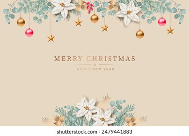 Minimalistic Christmas and New Year background. Elegant Christmas design with pine branches, a Christmas ball and white poinsettia flowers