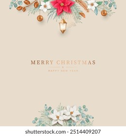 Minimalistic Christmas and New Year background. Elegant Christmas design with lantern and poinsettia flowers
