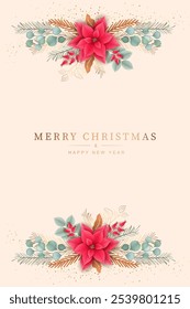 Minimalistic Christmas and New Year background. Christmas garland of poinsettia, twigs of eucalyptus and spruce, golden snowflakes and twigs.