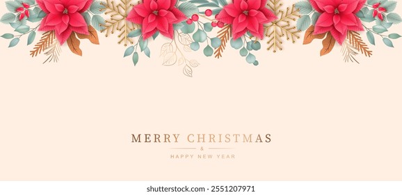 Minimalistischer Hintergrund zu Weihnachten und Neujahr. Poinsettia, Zweige von Eukalyptus und Fichte, goldene Schneeflocken