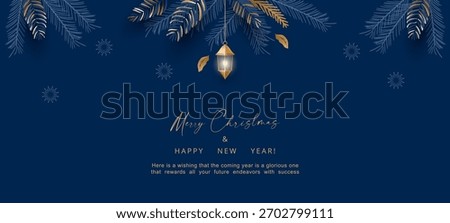 Minimalistic Christmas and New Year background. Elegant Luxury Christmas design with lantern. Flat dark blue background with gold elements