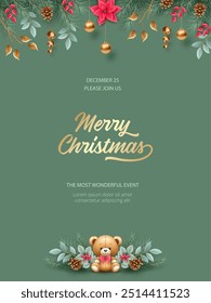 Minimalistic Christmas and New Year poster. Elegant Christmas poster with cute teddy bear and Christmas bells