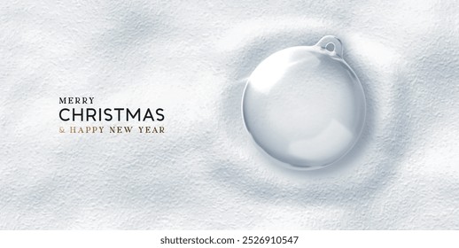 Minimalistic Christmas ornament pressed in soft snow. Creative realistic 3d design for holiday Christmas and New Year empty glass ball lies in snowy white texture background. Vector illustration