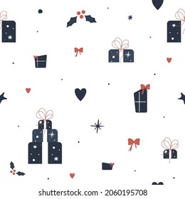 Minimalistic Christmas seamless pattern. Dark blue gift box on a white background. Vector illustration.