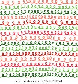 Minimalistic Christmas seamless vector pattern with loops, curly lines in red, green and white colors