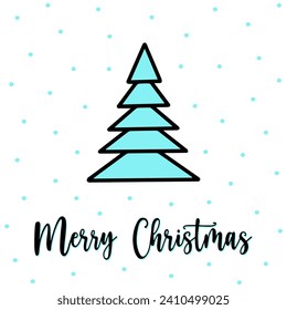 Minimalistic christmas tree greeting card with Merry Christmas lettering. Doodle cartoon funny fir tree with snowfall on background. Outline new year tree in doodle style Geometric spruce postcard