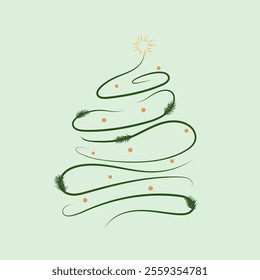 Minimalistic Christmas tree illustration with a spiral design, green branches, golden decorations, and a shining star on top. Perfect for festive, modern holiday-themed designs and cards