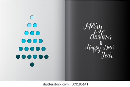 Minimalistic Christmas tree made from holes in white paper (simple office handmade christmas card) - dark blue version