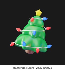Minimalistic Christmas tree with star and garland, 3d vector illustration.