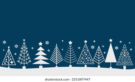 Minimalistic Christmas trees in line art style with snowflakes on a snowy landscape, dark blue background
