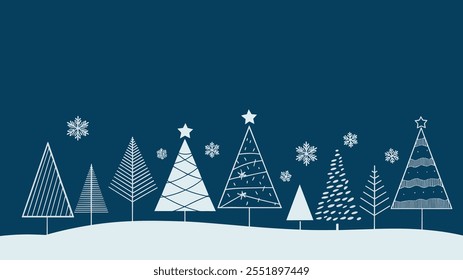 Minimalistic Christmas trees in line art style with snowflakes on a snowy landscape, dark blue background
