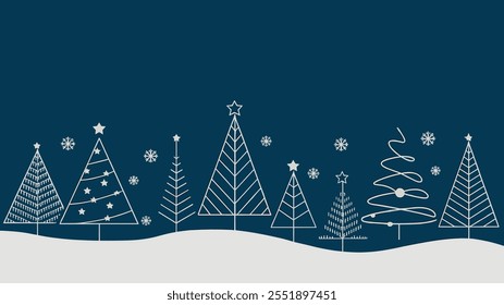 Minimalistic Christmas trees in line art style with snowflakes on a snowy landscape, dark blue background
