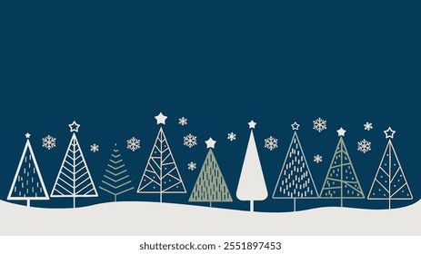 Minimalistic Christmas trees in line art style with snowflakes on a snowy landscape, dark blue background
