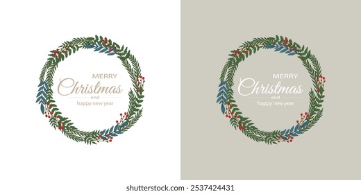 Minimalistic Christmas wreath design with a gold Merry Christmas and Happy New Year text. Available in two color variations. Perfect for festive greeting cards, invitations, and social media posts