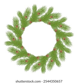 Guirnalda de Navidades minimalistas hecha de ramas de pino verde realistas, formando una forma circular clásica sobre un fondo blanco liso. Ideal para proyectos de diseño y decoración de temporada.