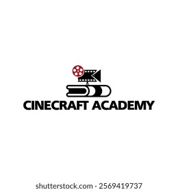 Minimalistic Cinecraft Academy logo with a book symbolizing knowledge, topped by a film reel and clapperboard to represent film and media.