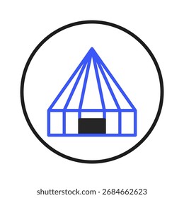 A minimalistic circular graphic featuring a simple blue tent outline, evoking feelings of events, gatherings, and festivity. This iconic drawing is ideal for use in designs needing a touch of