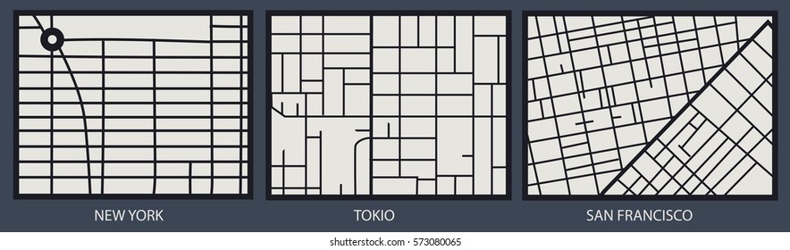 Minimalistic city map of New York, Tokyo and San Francisco