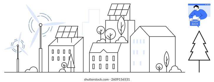 Minimalistic cityscape with buildings equipped with solar panels, wind turbines, trees, and a person holding an eco bag. Ideal for renewable energy, eco-friendly living, sustainability, green