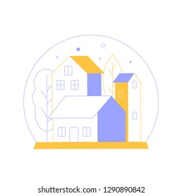 Minimalistic cityscape in a snow globe. Houses and trees. Colorful vector illustration.