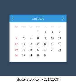 Minimalistic clean calendar page for April 2015 on dark blue background