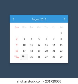 Minimalistic clean calendar page for August 2015 on dark blue background
