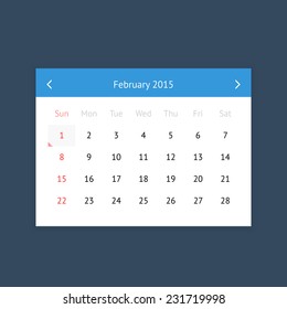 Minimalistic clean calendar page for February 2015 on dark blue background